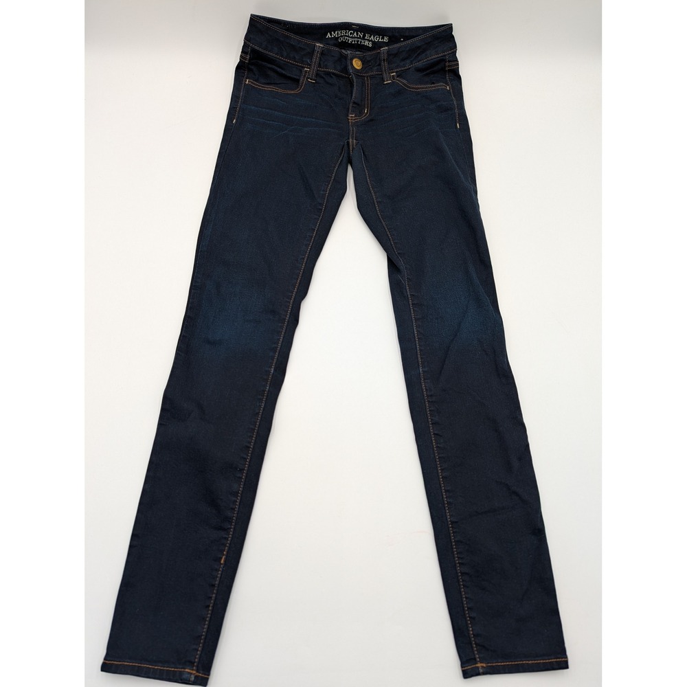 American Eagle Super Stretch Jeggings Dark‎ Wash Indigo Low Rise Size 4 Long EUC